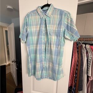 Izod Men's Blue and Green Plaid Button-Down Shirt